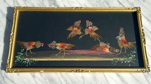 Antique Oriental Feather Cock Figthing Picture Gilt Gesso Frame ~ 14.75" by 7.5"
