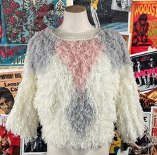 Vintage 90s White Pastel Shag Fringe Sideffects Pullover Sweater Handcrochet XS