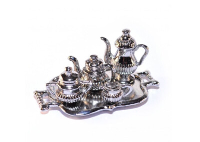 Miniature Silver Tone Metal Coffee and Tea Set with Sugar Bowl, Creamer and Tray