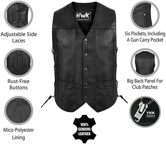 Men's Motorcycle Biker Concealed Carry Gun Pocket Leather Vest - Foto 7