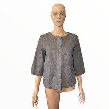 Toast Blue White 3/4 Sleeve Linen Cotton Button Closure Round Neckline Blazer 8