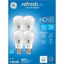  4 bulbs GE Refresh LED Light Bulbs, 60 Watt, Daylight, A19, 10 watt, 800