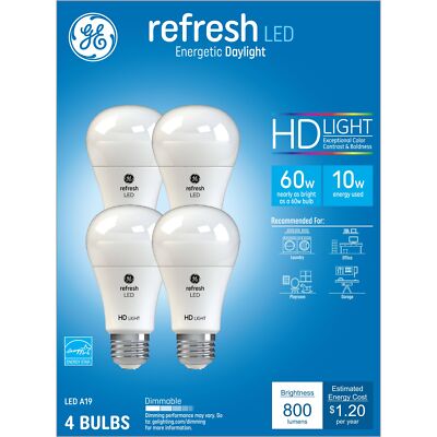(4 bulbs) GE Refresh LED Light Bulbs, 60 Watt, Daylight, A19, 10 watt, 800