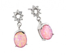 925 STERLING SILVER DROP/DANGLE EARRINGS W/ PINK OPAL / LAB CREATED DIAMOND