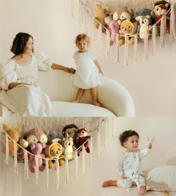 Large Boho Macrame Toy Hammock With LED Lights – Stuffed Animal Storage Net For Kids Room