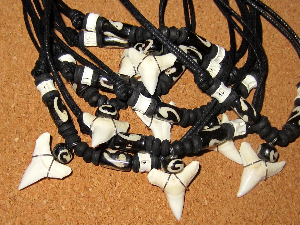 Real Shark Tooth Teeth Necklace Charm Pendant Wood Stone Beads Cord Boy Men Surf - image 4 of 4