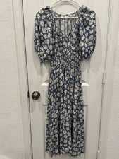 GAP Dress MIDI Length Floral Blue And White With Shirred Waist Size Small
