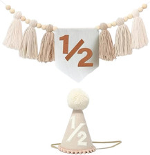 Boho Half Birthday High Chair Banner with Cone Hat White Sand Beige Neutral 1/2