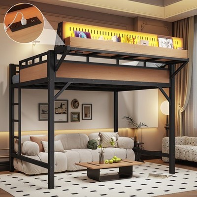 Full size Loft Bed Frame with Storage Shelves with USB Ports and LED Lights