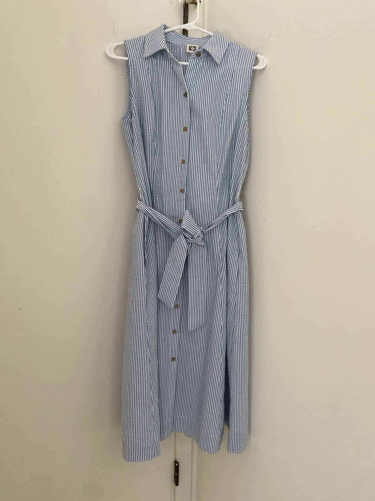 Seersucker Sleeveless Blue White Stripe Belted Shirt Dress Cottagecore Nauitical
