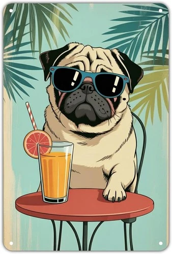 Pug Dog with Sunglasses Tin Metal Signs Home Décor Vintage Summer Beach Print Ae