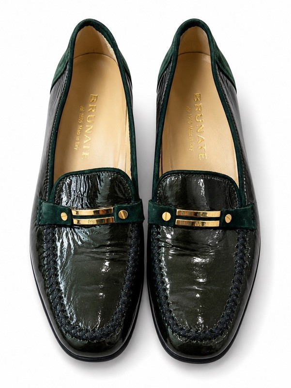 Brunate Made in Italy Loafers Shoes Moccasin Gold Tone Green Small Heel 39