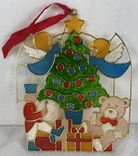 VTG Stained Glass Plastic Sun Catcher Christmas Ornament 8  x 6.5  Tree Angels EUC