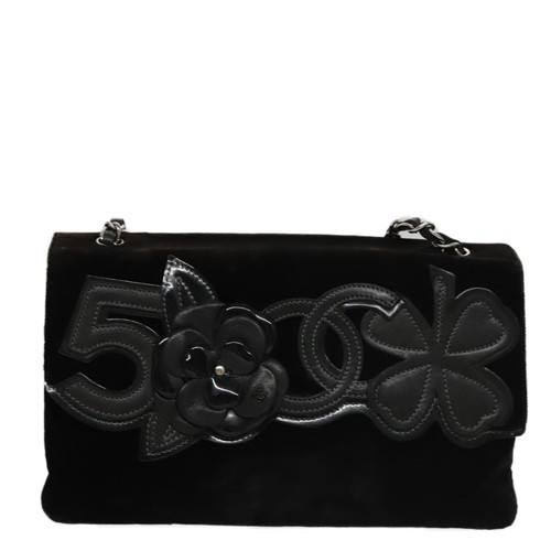 Chanel Camellia No.5 Chain Flap Velvet Black Velvet Shoulder Bag