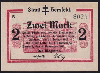 Germany Hersfeld 2 Mark 1918 Old Emergency Paper Money Banknote WWI Notgeld UNC