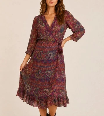 Paisley Silk Blend Midi Wrap Dress Boho Romantic Fairy Medium v-neck Purple 90s - Image 1 of 4