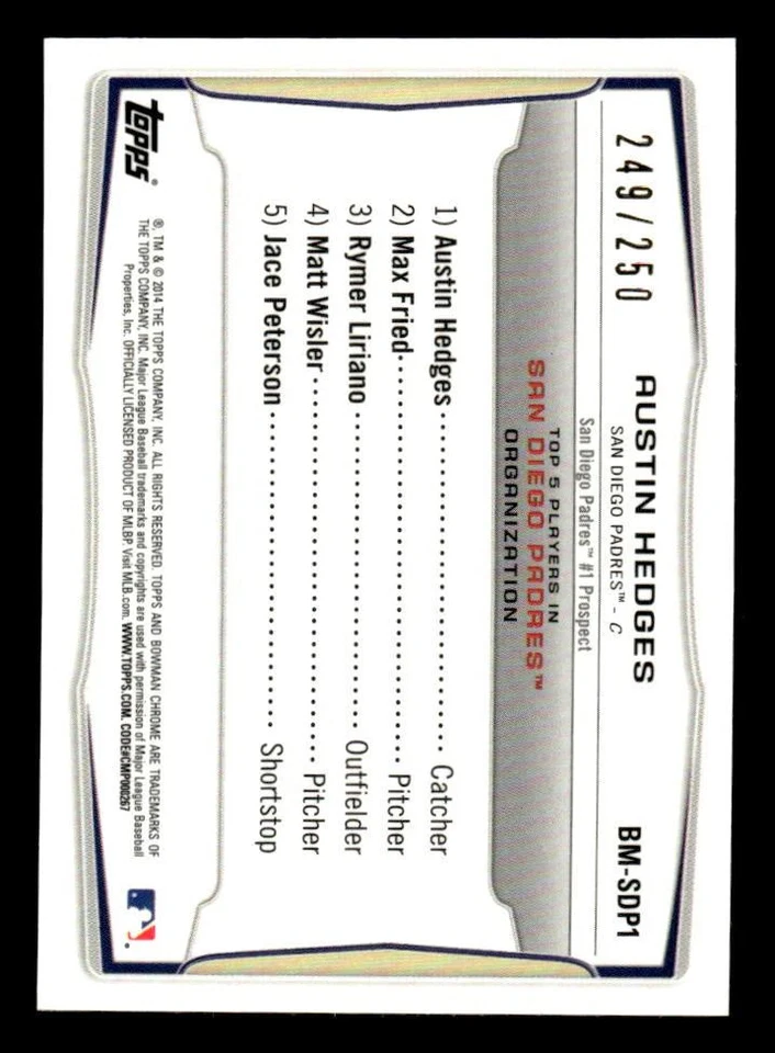 2014 BOWMAN AUSTIN HEDGES BM-SDP1 CHROME SCOUT TOP 5 MINI BLUE REFRACTOR /250 - Image 2 of 2