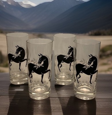 Set of 4 Vintage 1950s Libbey Black Horse Glass Tumblers 6.25 in.