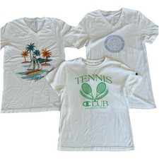 Women s Summer T Shirt Lot of 3 White Short Sleeve Tops Tennis Club Hawaiian M