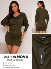 Fashion Nova Trina Mini Dress Olive Green Dolman Sleeve Bodycon NWT Size M
