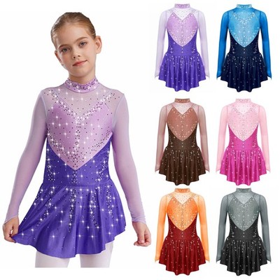 DE Eiskunstlauf Mädchen Langarm Ballettkleid Glitzer Rollkunstlauf Kürkleid