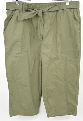 Just Be Womens Capri Pants 3X Olive Green Cotton Tie Waist Utility Safari Core