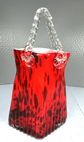 Vintage Murano Style Hand-Blown Art Glass Red Leopard Print Purse 10"