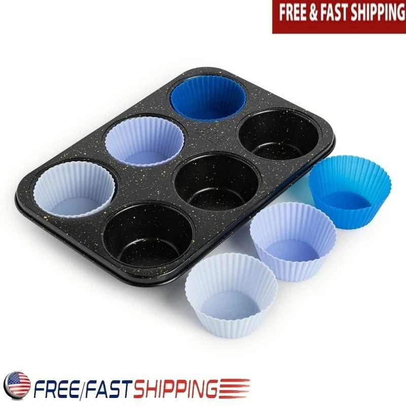Non-Stick Jumbo Muffin Pan 6 Cups W/ Reusable Silicone Liners Dishwasher Safe US