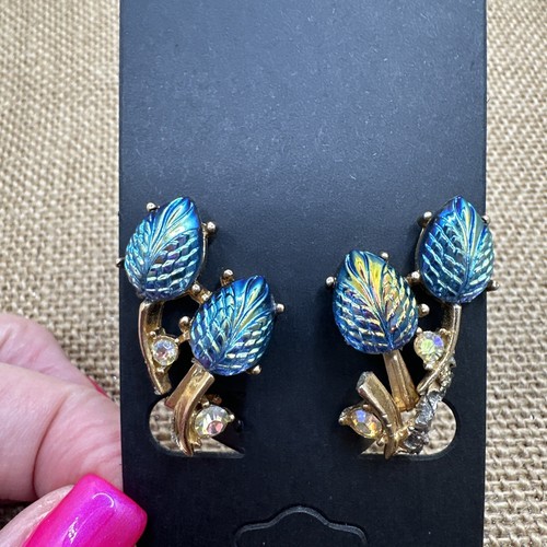 Vintage Molded Glass Leaves Flower AB Blue Green Clip On Earrings - Picture 11 of 11