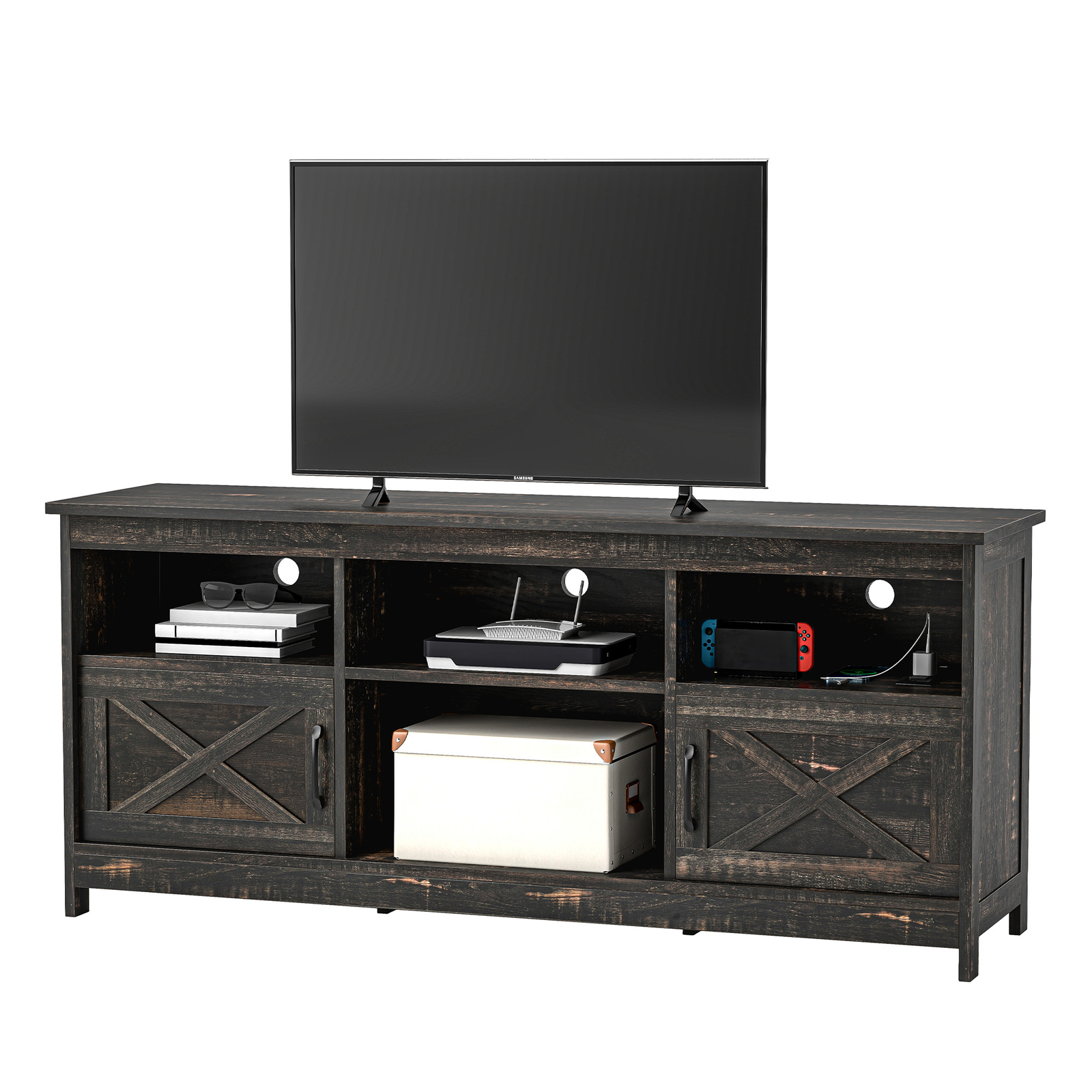 Farmhouse TV Stand Console for 32 to 65 inch Open Shelves with Power Outlets