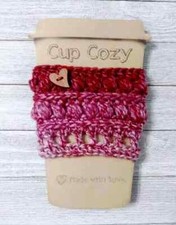 crochet handmade coffee cup drink cozy sleeve heart red cranberry USA made new
