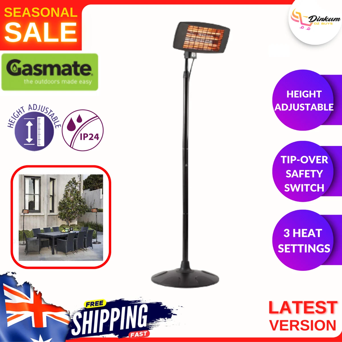 Gasmate 2000W Electric Patio Heater Stand Adjustable Height Outdoor Floor  Black | eBay