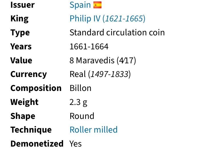 1663 Coin Spanish Empire 8 Maravedis King Philip IV 360 Years Old ...