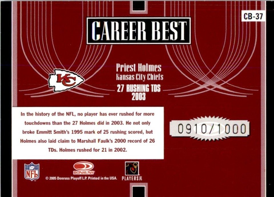 2005 Donruss Elite Career Best Red Priest Holmes 0910/1000 Kansas City