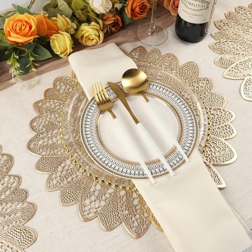 Evevda Placemats for Dining Table Set of 6 Gold round Hollow Out Table Mats - Picture 2 of 2