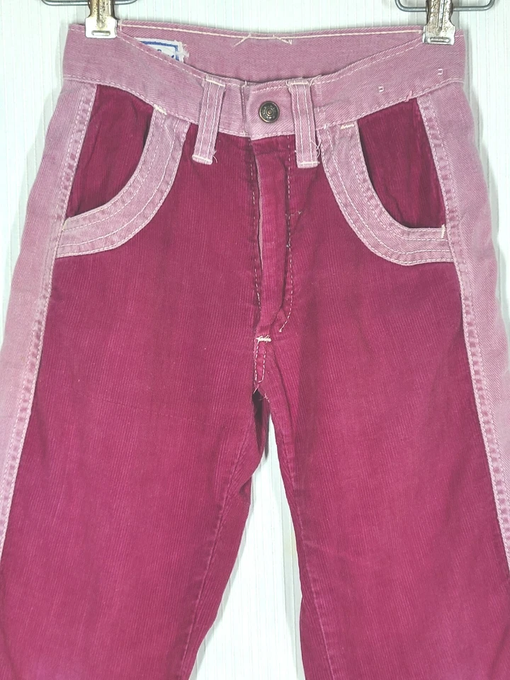 Vtg 70s Kids Pants Corduroy & Canvas 2 Tone Red Pink Slim 8 New Guy Retro Girls - Image 3 of 4