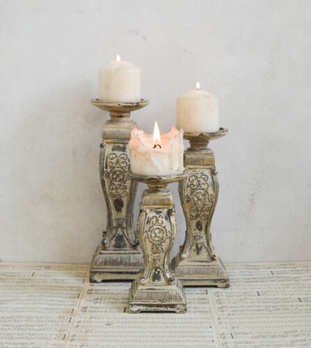 Rare Set of 3 Pillar Candle Holders Vintage French Style Carved Candlesticks