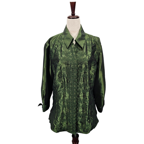 Coldwater Creek Womens Satin Embroidered Floral Button Down Blouse Green Size L