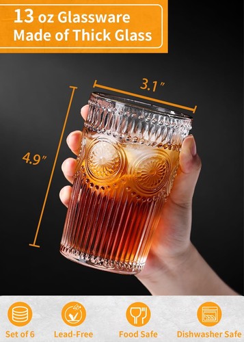 6pcs Vintage Drinking Glasses Set 13 oz Clear Highball Glasses Embossed Ribbe... - Picture 2 of 9