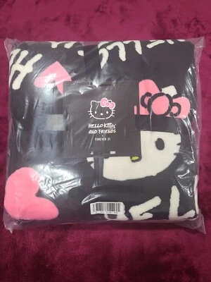 Hello Kitty Print Throw Blanket Black & Pink Hearts Forever 21 50" x 60" NWT