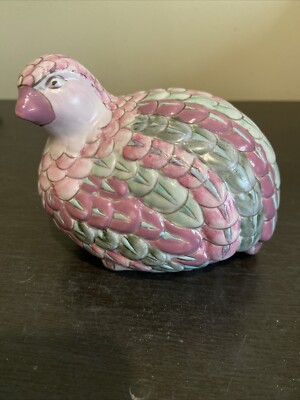 Vtg TOYO Porcelain Bird Partridge Quail Handpainted Pink & Green Pastel 4  X 4.7