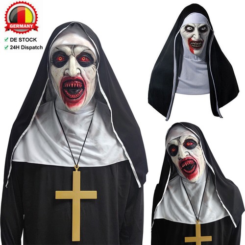 Die Horror Gruselige Nonne Latex Maske mit Kopftuch Valak Cosplay für Halloween - Bild 2 von 19
