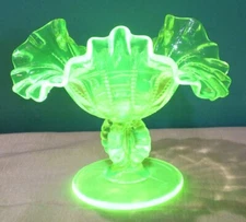 Fenton Topaz Vaseline Uranium Glass Beaded Ruffled Compote Candle Holder