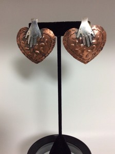 C-BERRY-Studio-Art-Earrings-Copper-Sterling-Silver-with-Hand-amp-Heart-Signed