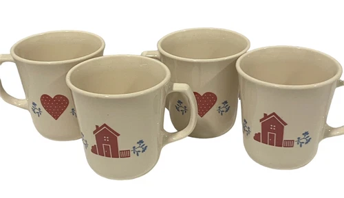 4 Corning Corelle Hometown Coffee Cups Mugs Red Heart Farmhouse Vtg