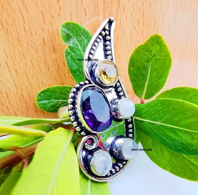 Amethyst Mit Mondstein & Zitrone Quarz Versilbert Handgefertigt Ring,Alle Größen - Bild 1 von 4