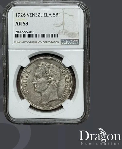 1926 Venezuela 5 Bolívares Antique Silver Coin Simon Bolivar NGC AU53 🇻🇪🐉
