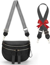 Large Leather Bum Bag for Women Crossbody Fanny Packs Large Sling Bag Black