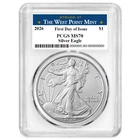 2026 $1 1-oz American Silver Eagle PCGS MS70 FDOI West Point Label White Frame