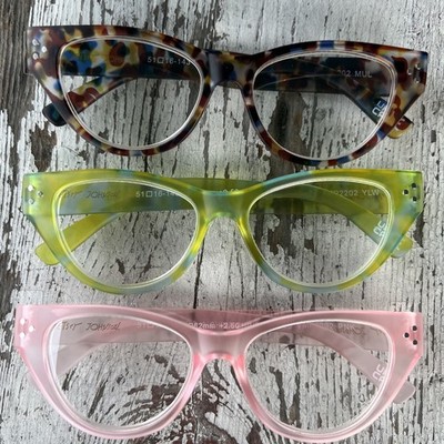 NIP Betsey Johnson Kitsch 3 Pair Reading Glasses Readers Cat Eye Cateye +2.50 